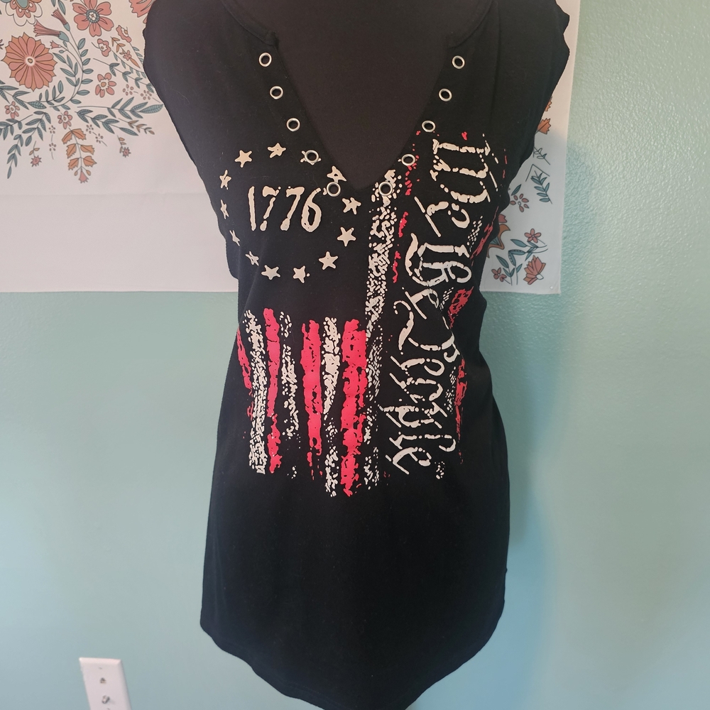 Red and Black Embellished Graphic Tank Top